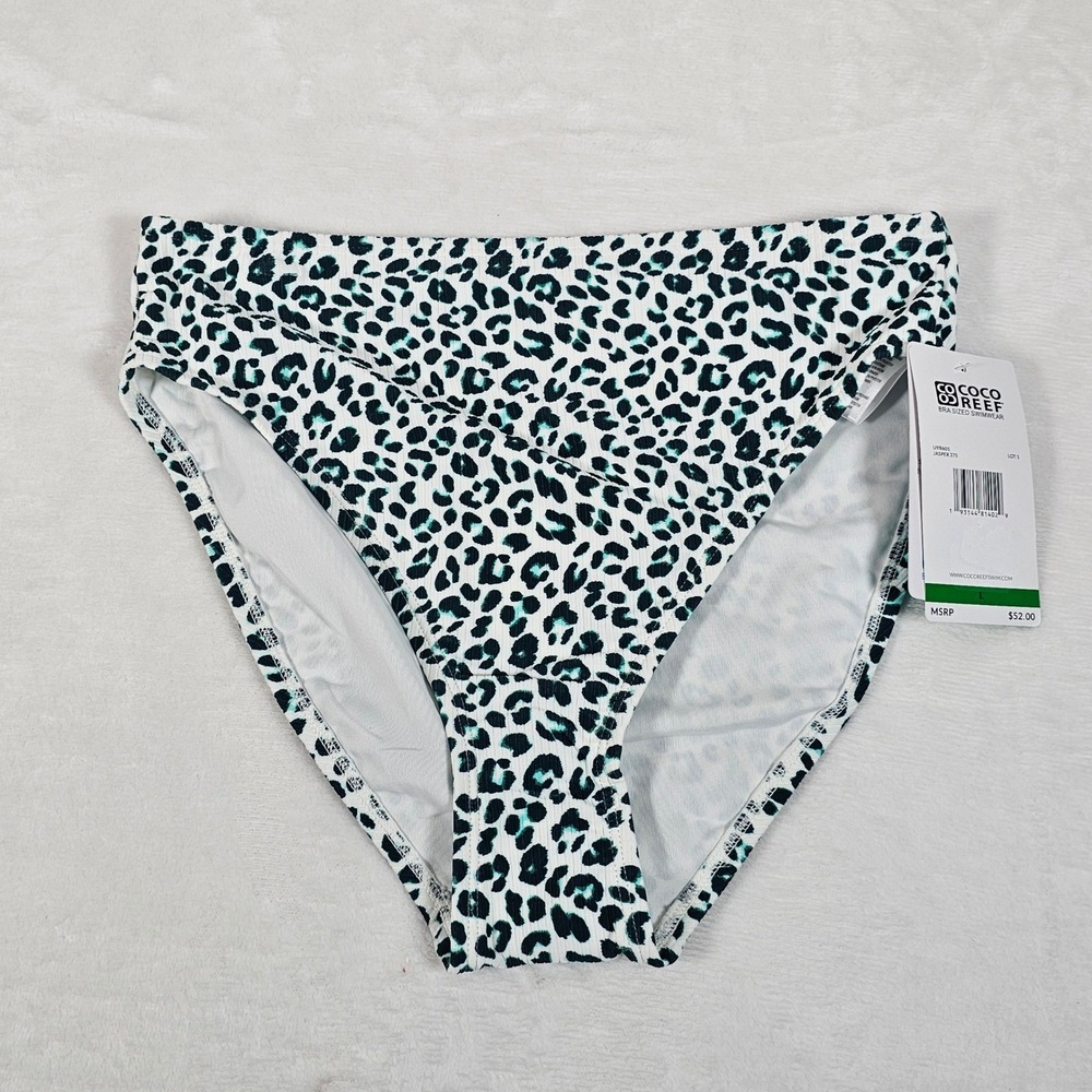 Coco Reef Bikini Bottoms Womens Leopard Print Textured Ribbed White Teal‎ Size L